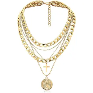 Gold Layered Necklaces for Women Chunky Choker Link Chain Trendy Retro Coin 14K Pendant Necklace Handmade Dainty Layering Poppy Lotus Rose Birth Flower Necklaces Gift