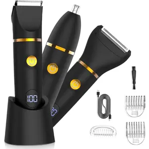 3-in-1 Multifunctional Men Grooming Kit, Waterproof Electric Hair Trimmer with Ceramic Blades, Beard Shaver, Nose Hair Trimmer & Pubic Groin Body Groomer, Portable Self Care Shaving Gift for Men