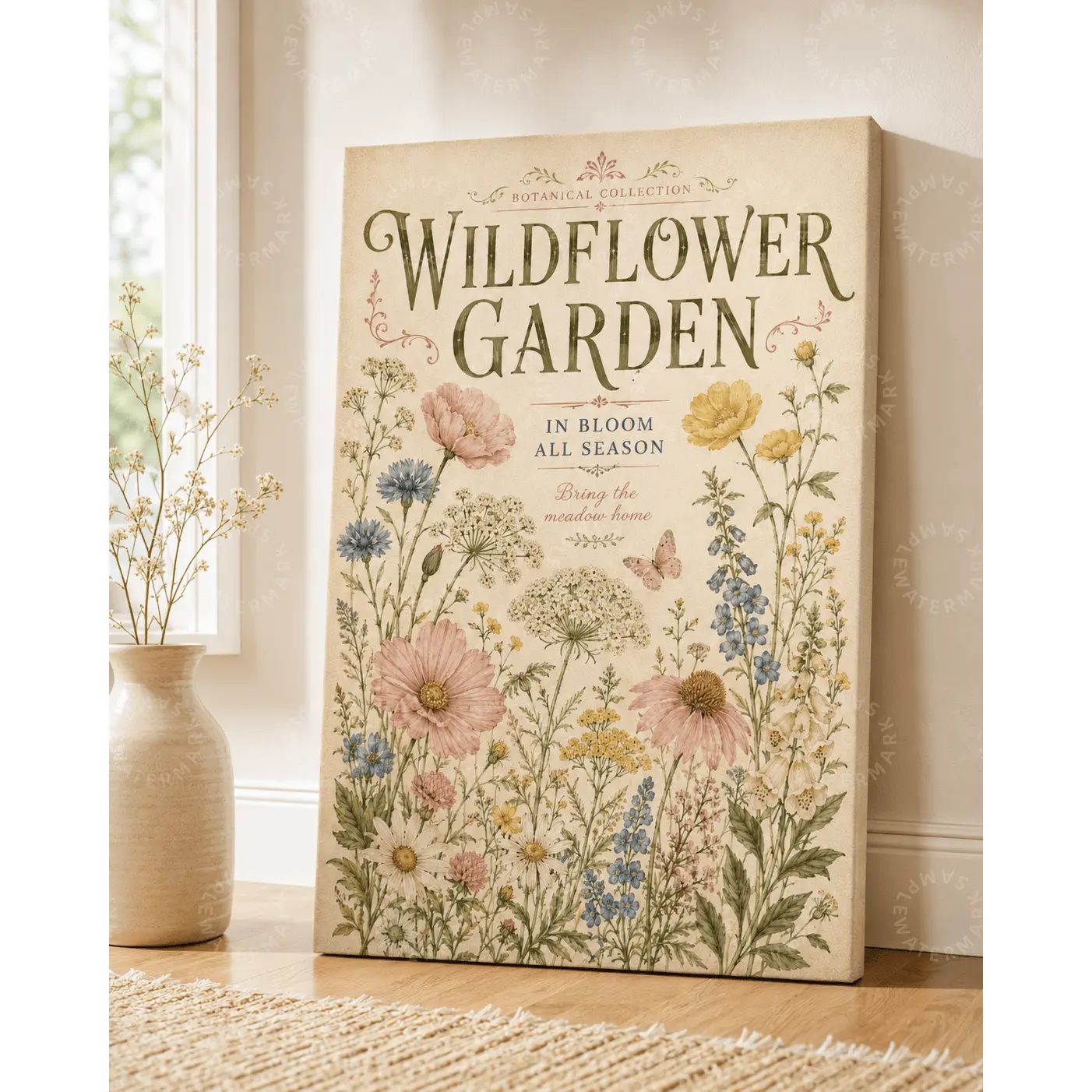 Wildflower Garden Canvas Wall Art, Vintage Botanical Floral Poster, Cottagecore Meadow Flower Print, Soft Pastel Nature Decor for Bedroom Living Room Office, Aesthetic Wall Art Gift