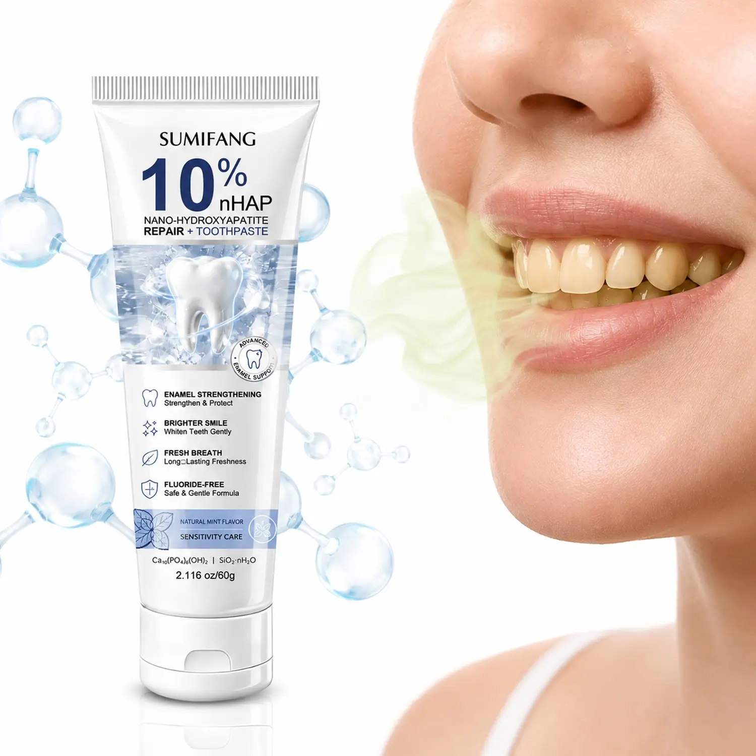 Nano Hydroxyapatite Repair Toothpaste, Fluoride-Free Enamel Strengthening Toothpaste, gently whitens teeth, provides long-lasting minty fresh breath, strengthens and protects tooth enamel, improves dull teeth, revealing a bright white smile.