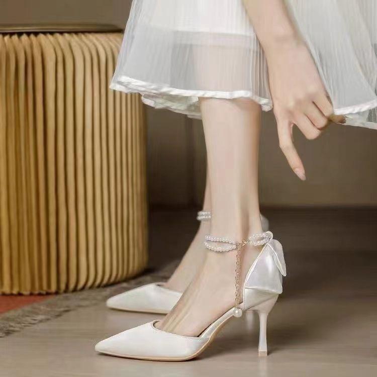 French Style Pearl Sandals Pointed Toe Thin Heel Summer Slimming Fairy Style Women High Heels French Style Pearl Sandals Pointed Toe Thin Heel Summer Slimming Fairy Style Women High Heels