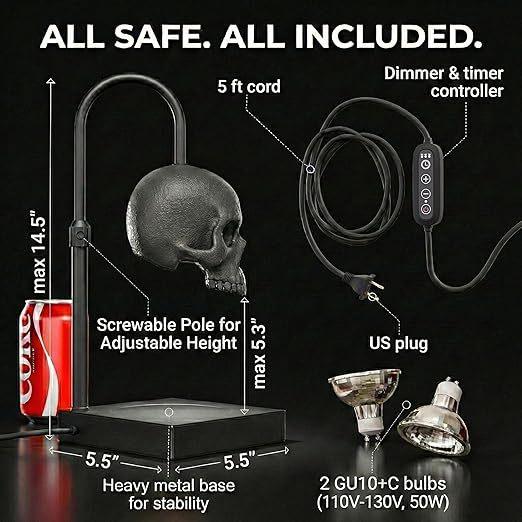 Skull Candle Warmer Lamp with Timer & Dimmer – Adjustable Height Gothic Candle Lamp (Candles Not Included)