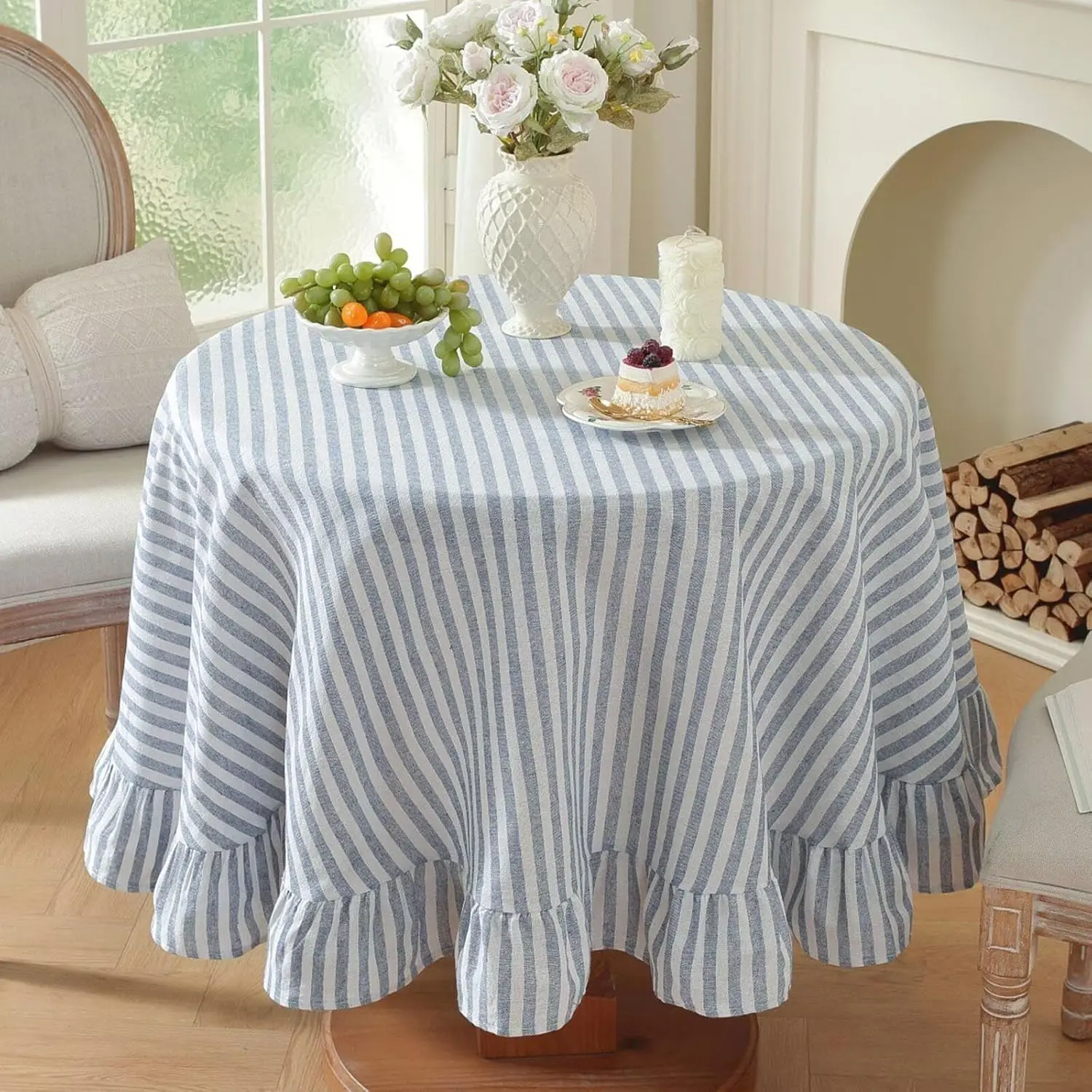 JadeRich Ruffled Gingham Plaid Round Tablecloth - 70 in Washed Cotton, Easy Care, Heat Resistant, Multi-Size Option, Table Cover for Restaurant, Garden Party Festive Decorations, Round Shape