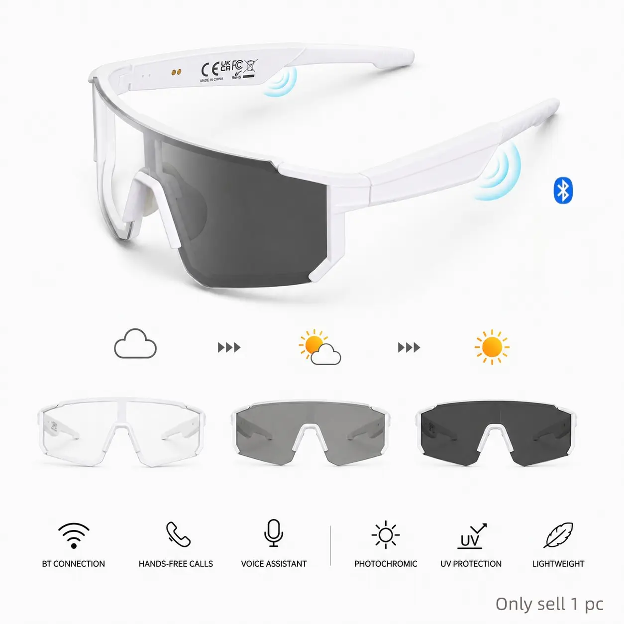 Photochromic Bluetooth Smart Cycling Glasses for Men Women, Open-Ear Audio Sports Sunglasses with Hands-Free Calls, Voice Assistant and UV400 Protection for Running, Hiking, Fishing
