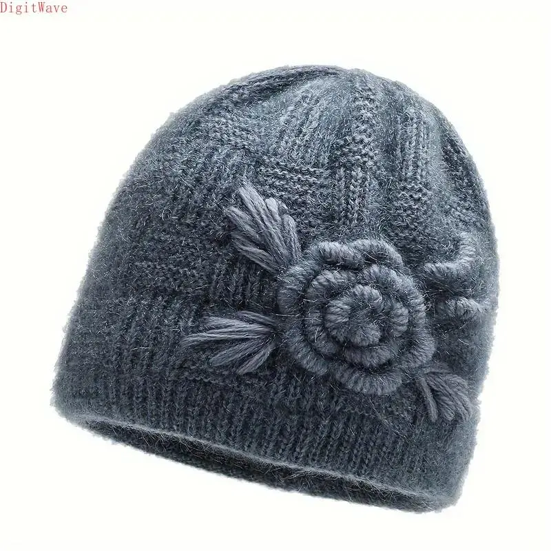 Women's Soft Knit Stretchy Beanie Hat with Artisan Floral Motif, Crochet Detail, Warm & Cozy for Winter Cold Weather (Sports & Outdoor Camping & Hiking Hammock Accessory)