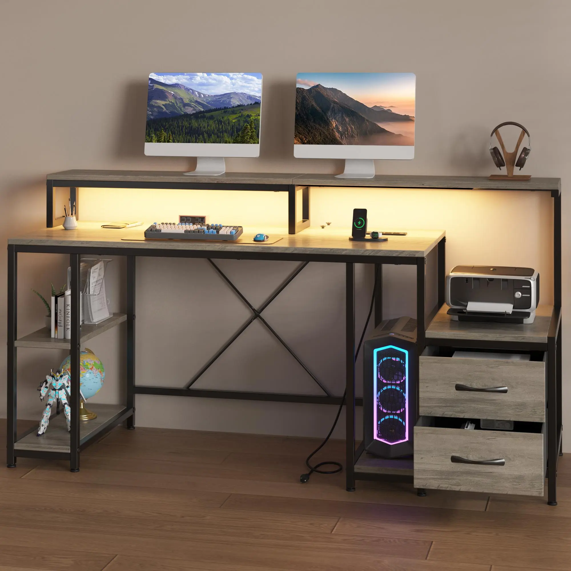Garvee 63" Home Office Computer Desk with RGB LED Lights & Power Outlets：Monitor Stand, File Drawer, Printer Shelf & Storage Shelves, Sturdy Metal Frame, Gray Oak/Tiger Stripes/Black Willow, Perfect for Work, Study, and Gaming Setup