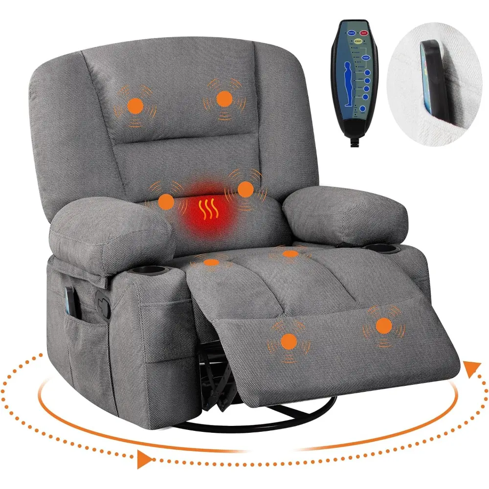 Oversized Recliner Chairs for Adults with Heat and Vibration Massage,360° Swivel Reclining Chairs,Extra Wide Chenille Fabric Recliner with Cup Holders & Side Pocket for Living Room,Bedroom