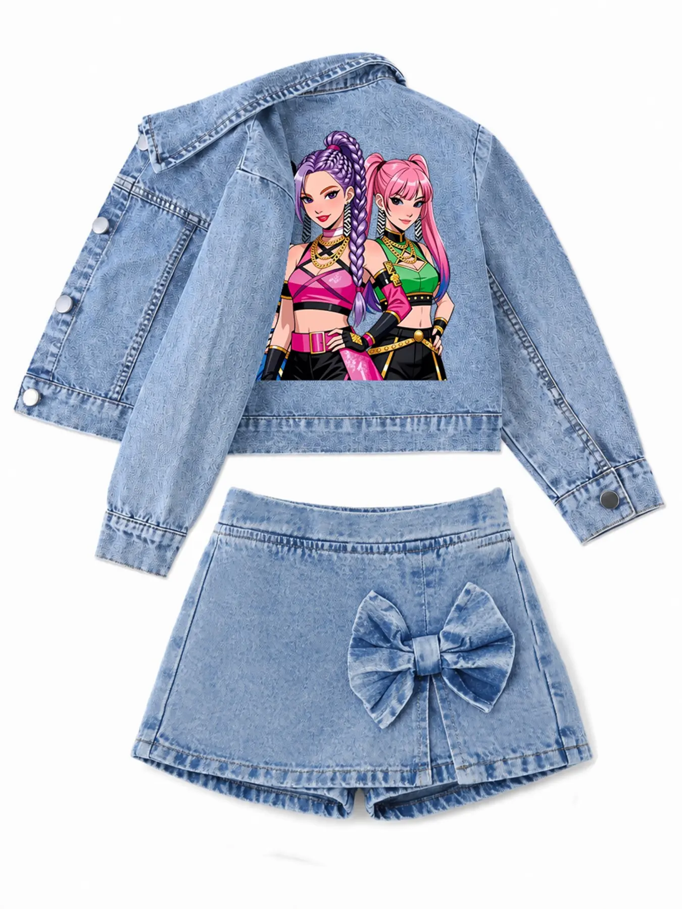 Girls' Anime Character Print Denim Set, Spring Fall Fashion Casual Simple Jacket and Skirt Set, Classic Trendy Versatile for Daily Wear