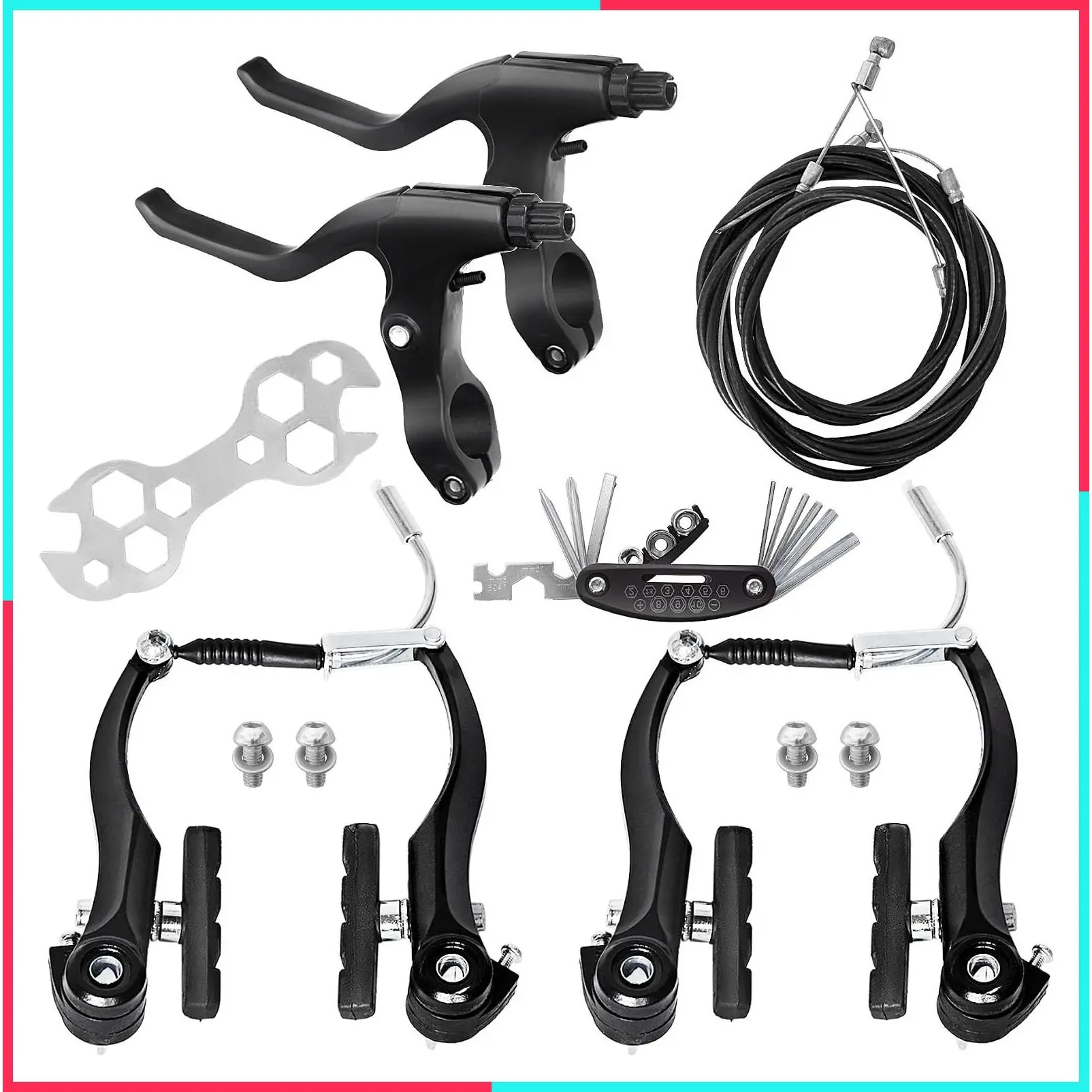 V-Type Bike Brakes Set, Complete Universal Front and Rear MTB Bicycle Brake Kit with Inner and Outer Caliper Cables, Levers and Multi-Tool Wrenches, Black