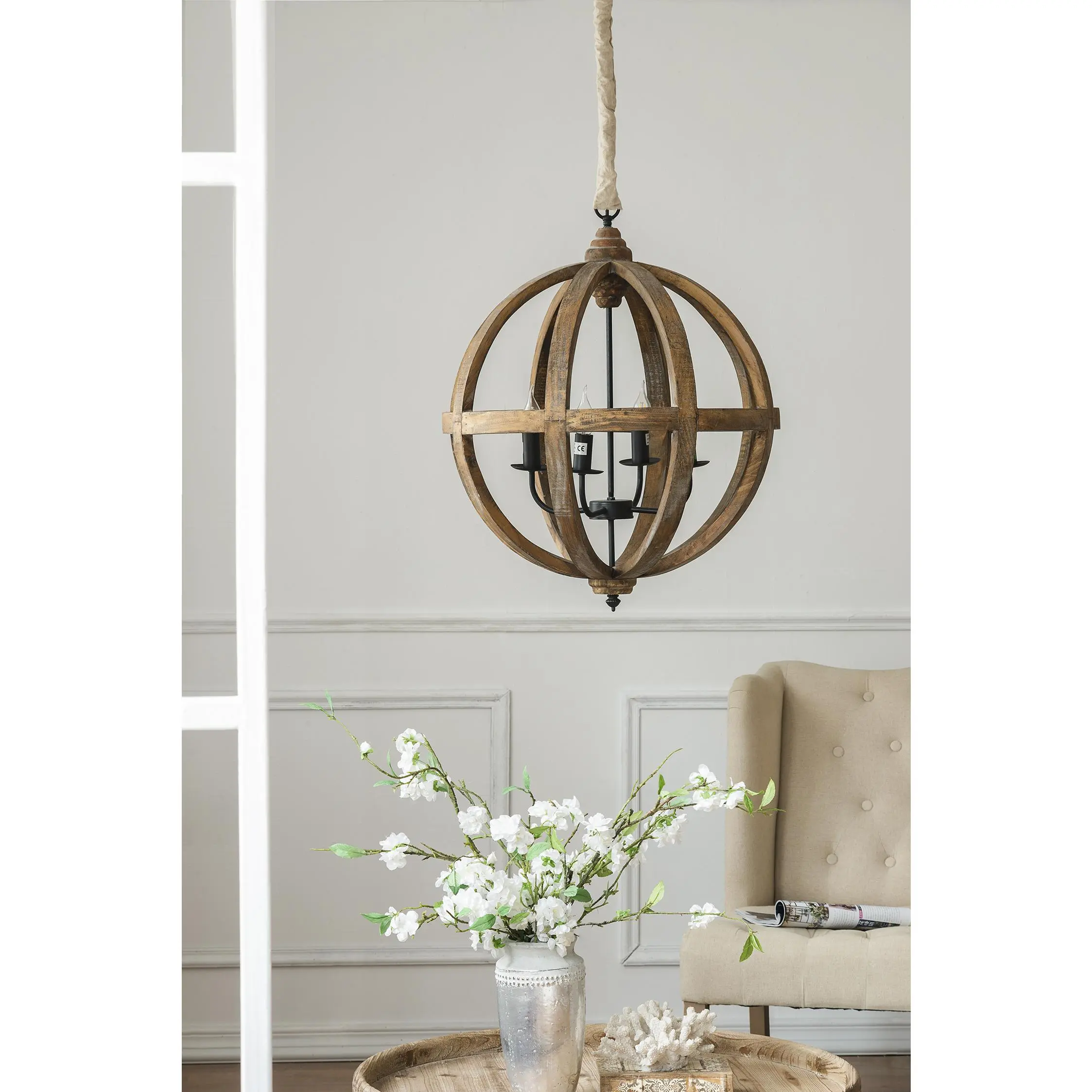 ARCH 4-Light Wood Chandelier Hanging Light Fixture with Adjustable Chain - Farmhouse Rustic Ceiling Lantern Pendant for Kitchen, Entryways, Living Room - Bulbs Not Included