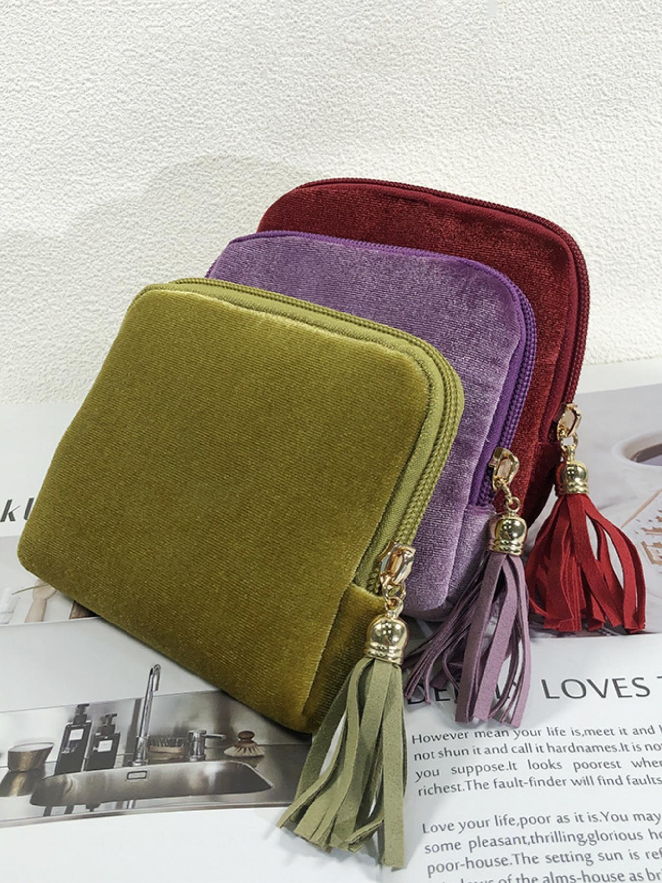 Fashionable Simple Solid Color Luxury Jewelry Storage Bag, Tassel Zipper Pouch, Portable Organizer for Rings Necklaces Bracelets