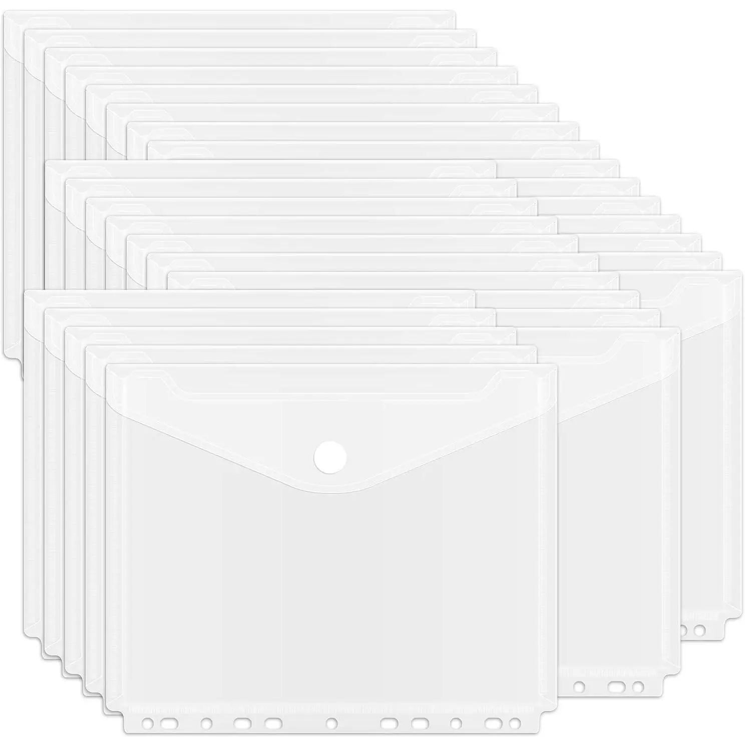 30Pcs Binder Folders, Binder Pockets, 11 Holes Clear Binder Organizer Poly Envelope with Hook and Loop Closure, Plastic Binder Folders for School and Office Supplies, Letter Size