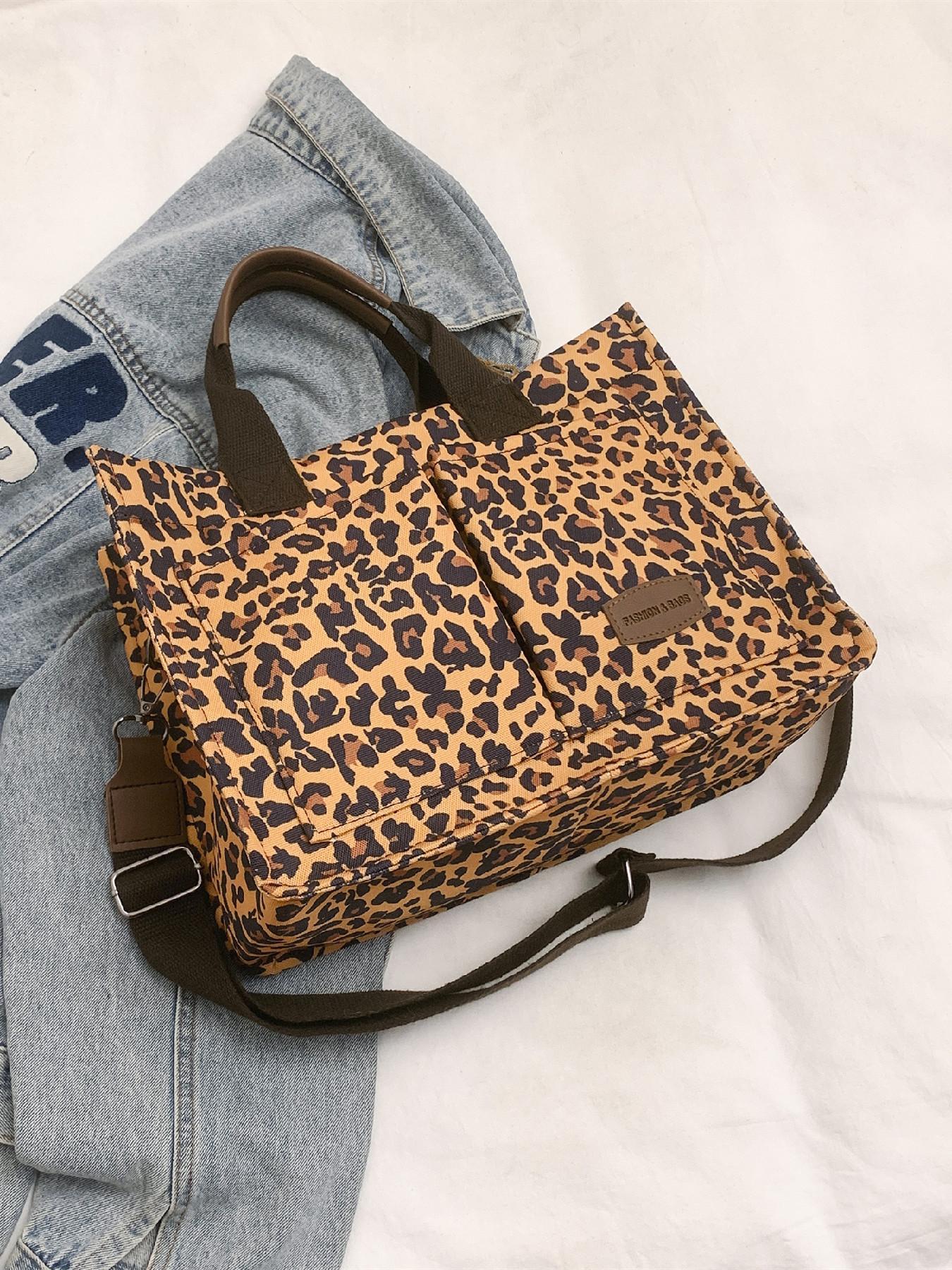 Fashion Leopard Pattern Adjustable Crossbody Tote Bag, Casual Letters Patched Decor Shoulder Bag for Women, Trendy All-match Commuter Bag, Handbag Shoulder Bag, Fashionable Shoulder Bag, Fashionable Daily Crossbody