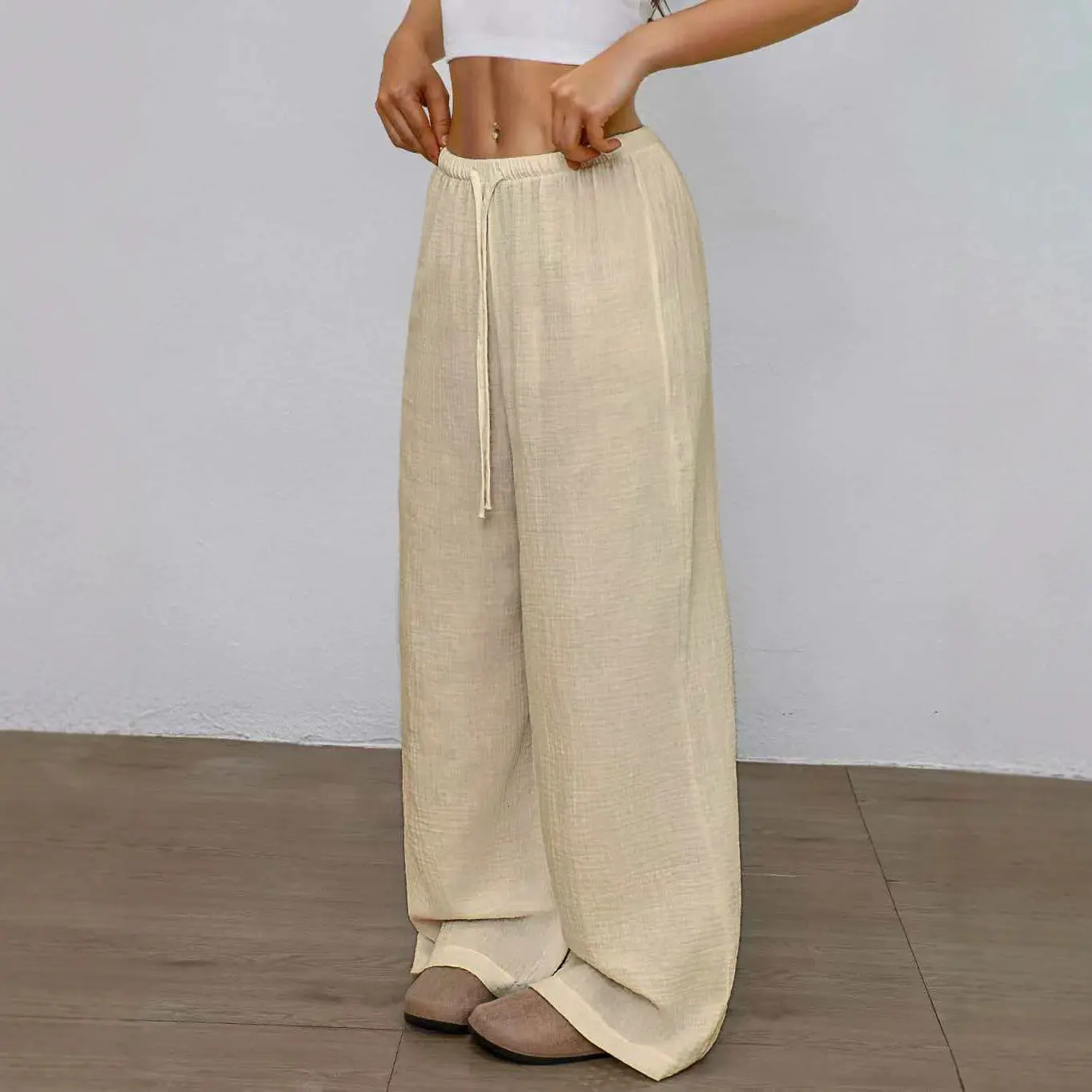 Women’s 100% Cotton Wide-Leg Pants, Elastic Drawstring Waist Loose Straight-Leg Trousers, Lightweight Breathable Casual Lounge Pants for Travel, Beach and Daily Wear