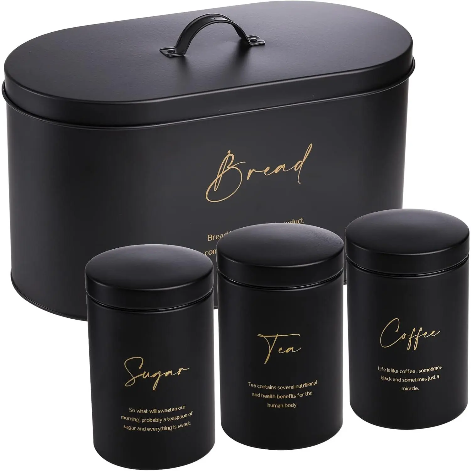 Set of 4 Bread Box and Canister Set for Kitchen Countertop, Metal Bread Bin Sugar  Coffee Storage Canister with Lid, Biscuit Tin Set for Loaf, Pastry, Dry , Black