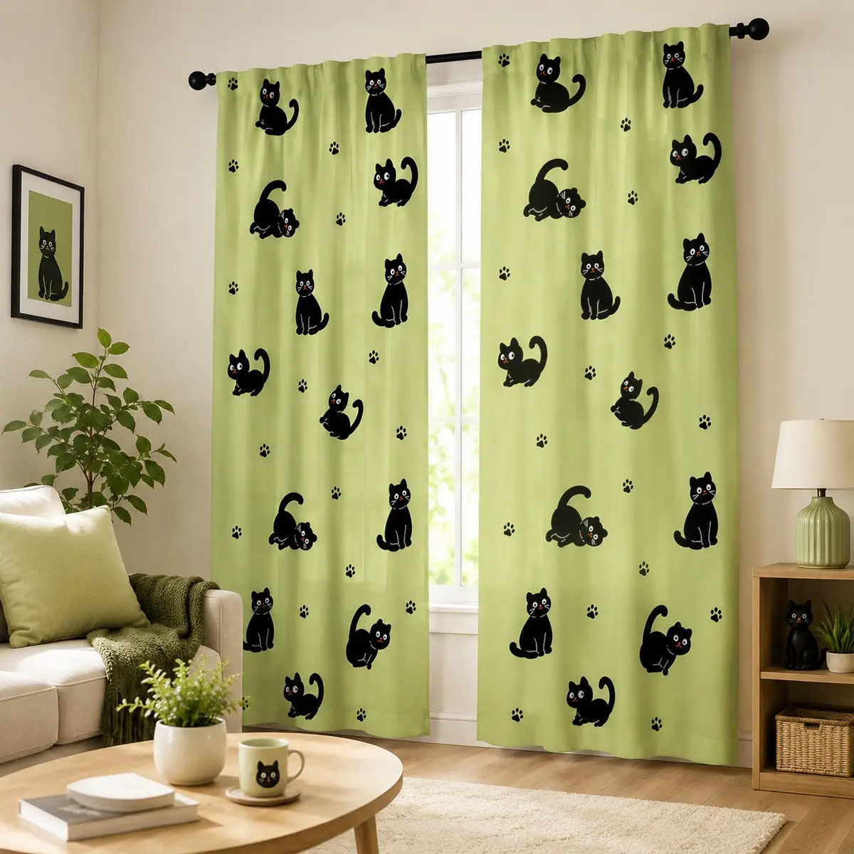 2pcs Matcha green semi-blackout curtains featuring black cat paw prints—soothing fabric curtains for living rooms and bedrooms; made of polyester, suitable for bedrooms, kitchens, studies, and more.