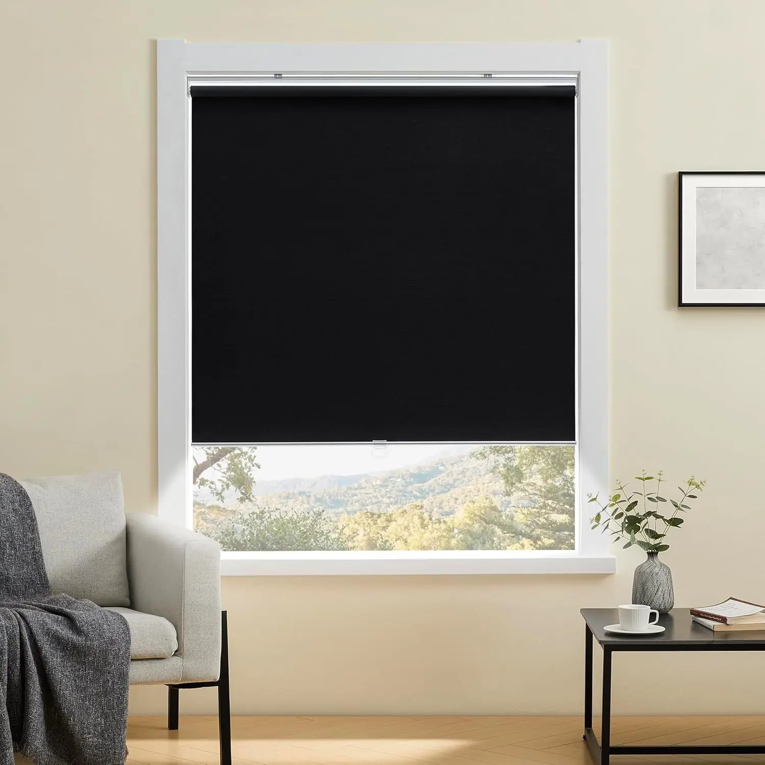 Cordless 100% Blackout Roller Shades for Windows UV Protection Pull Down Room Darkening Door Blinds Thermal Insulated Fabric for Home Office Bedroom (14" W x 72" H,Black)