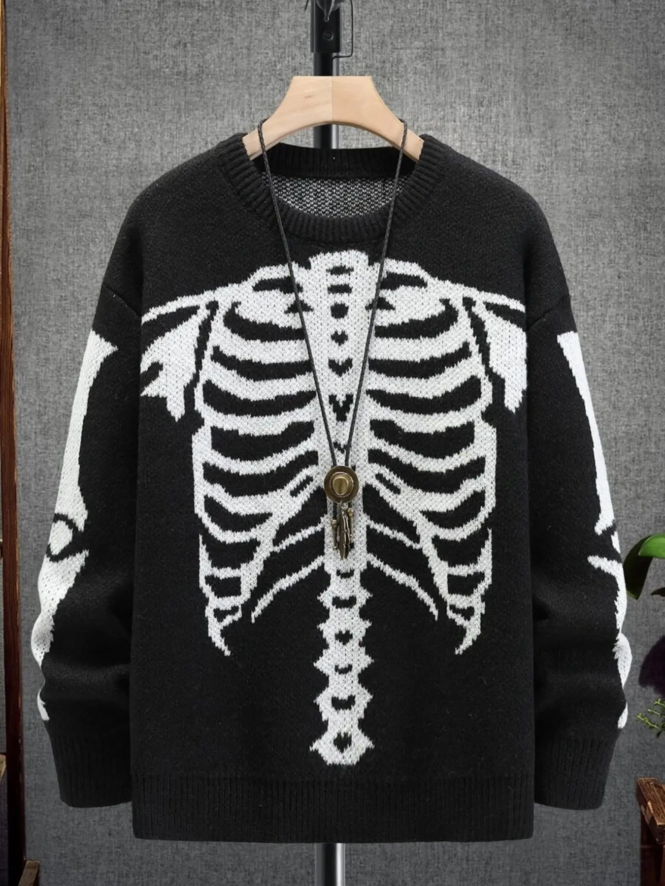 Women Skeleton Ribcage Knit Sweater, Y2K Goth Grunge Oversized Black Pullover Long Sleeve Casual Vintage Sweater For Halloween Daily Street Fall