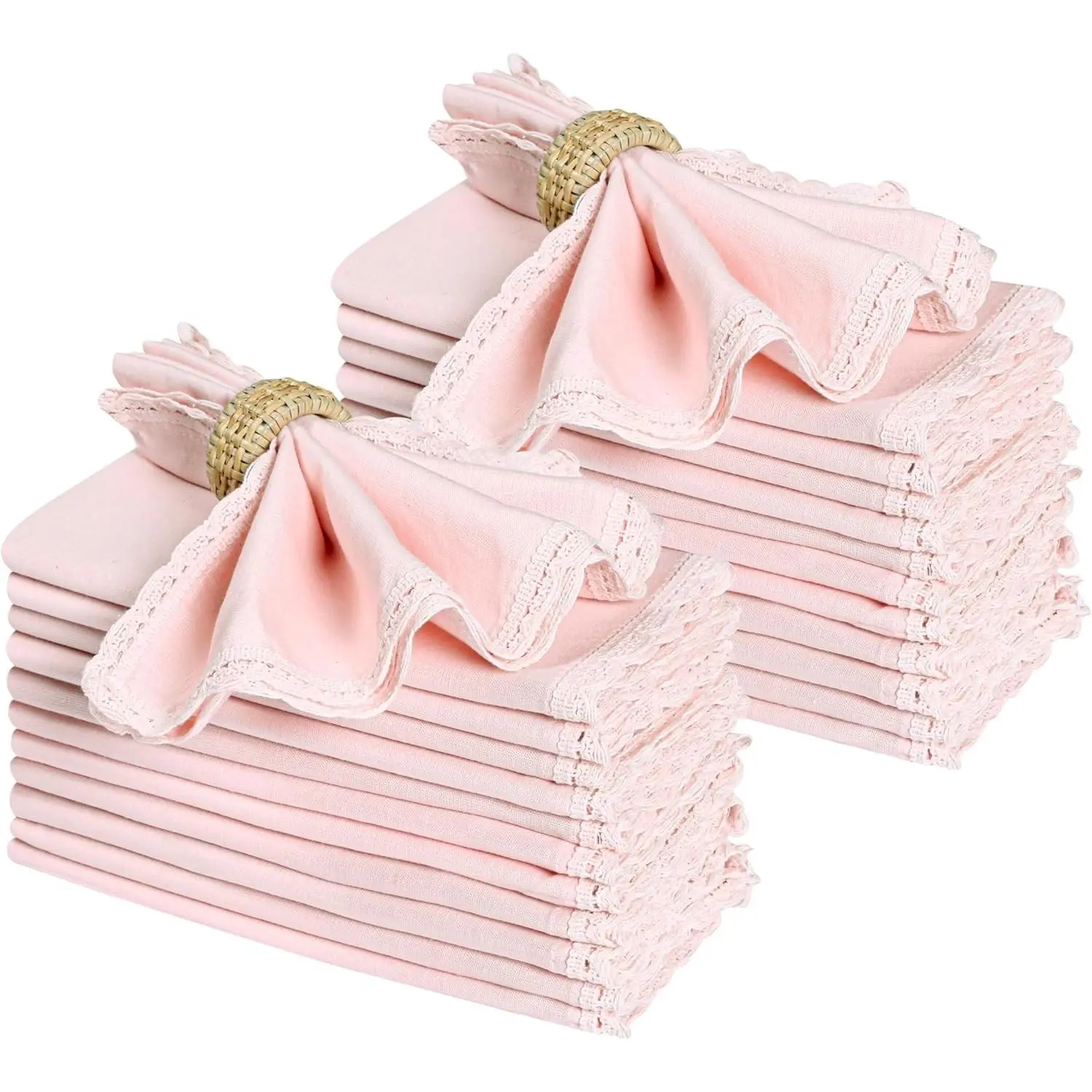 Home Linen 18x18in Pink Cloth Napkins Set of 24 - Premium Cotton-Lace Reusable Tableware, Soft & Durable, Washable for Easter Spring Basket Décor, Wedding Parties