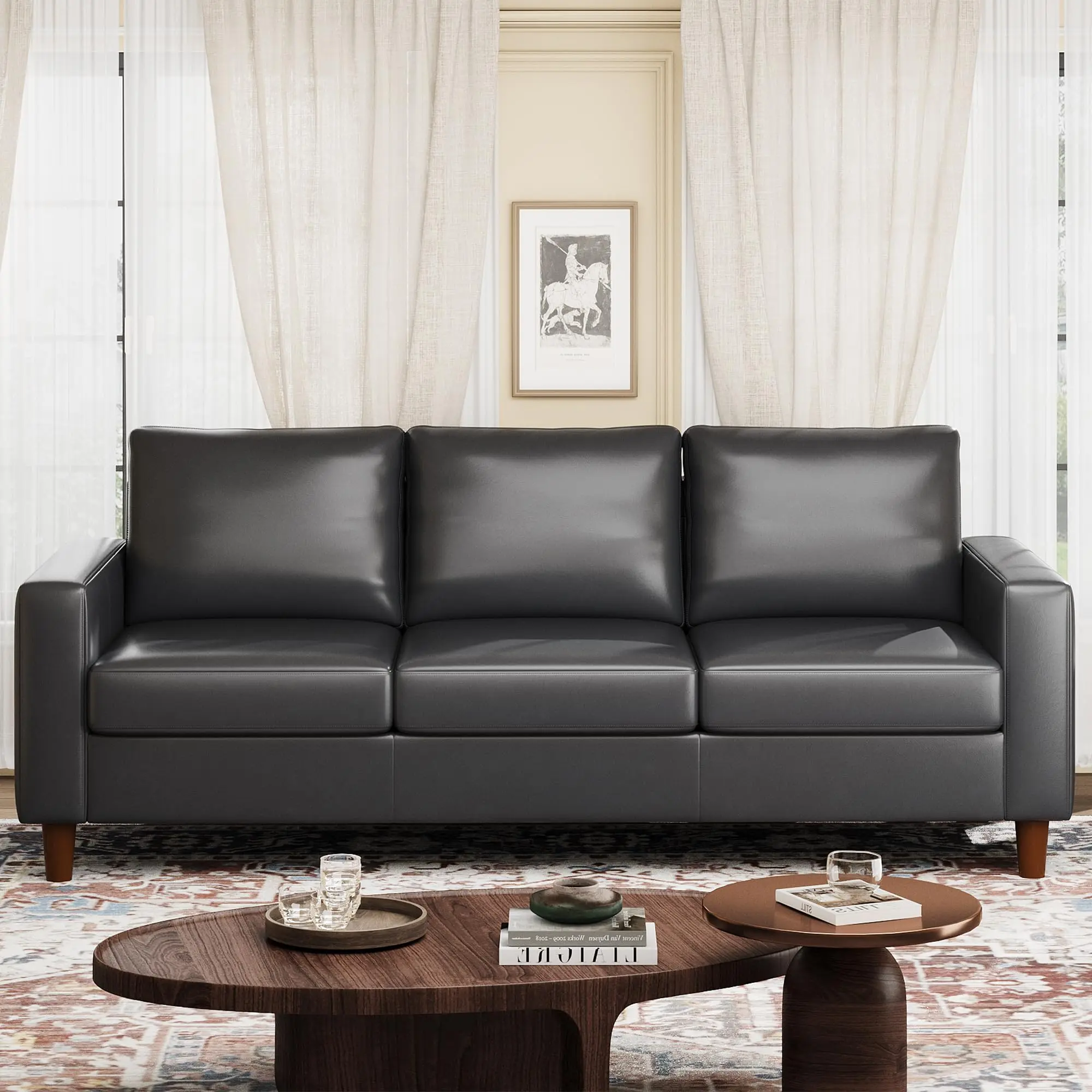 Leather , 83" Mid-Century Modern Couch, 3 Seater  with Armrests and Comfy Cushions, Deep Seat  for Living Room, Bedroom, Office magic furniture boneless modular sofa