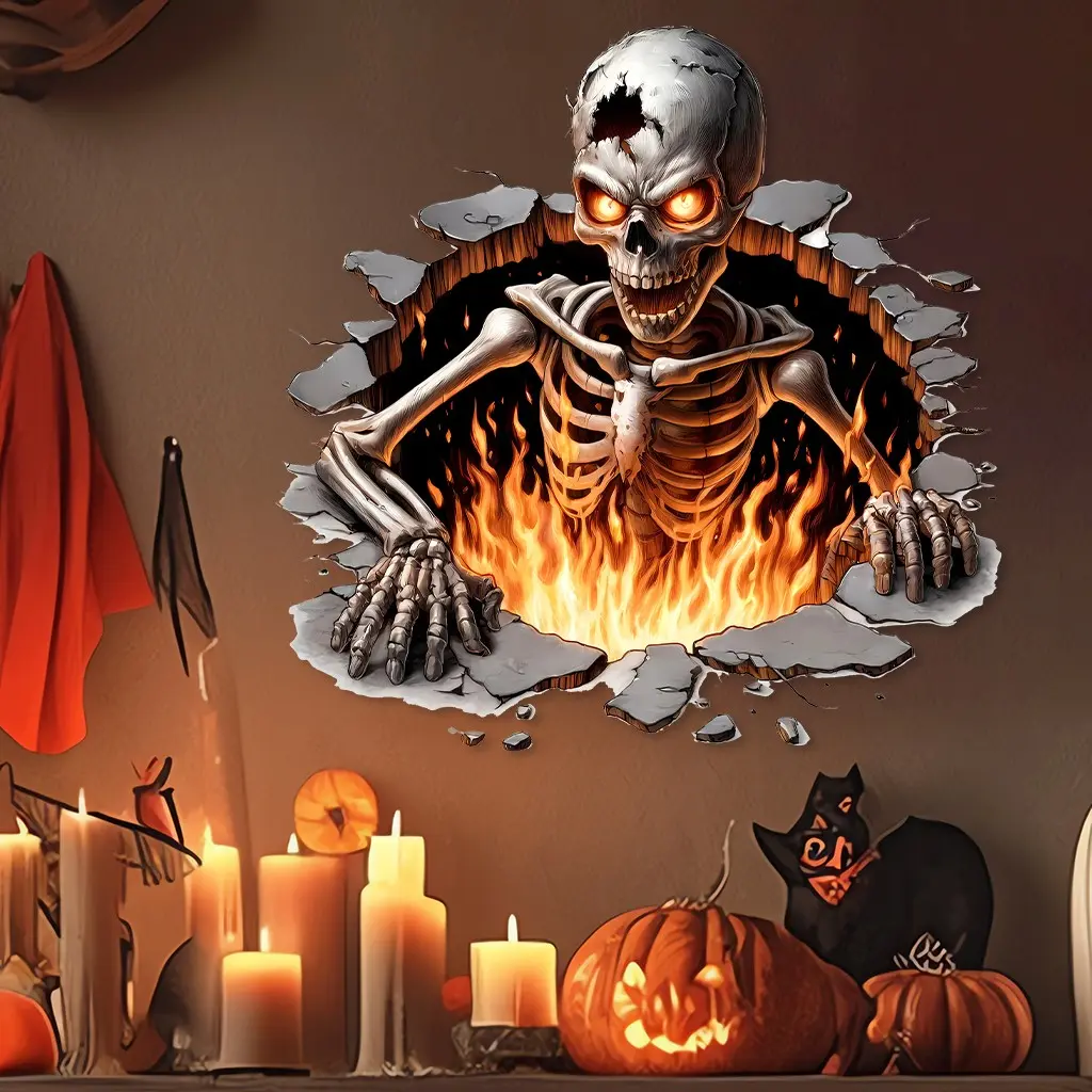 Halloween Skull Hell Fire Decor Sticker, Self-Adhesive Removable PVC, Room Wall Home Decoration, Halloween Party Stickers