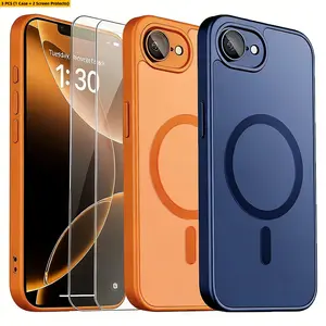 3PCS [1 Phone Case with 2 Clear Screen Protectors] New Luxury Orange Matte Magnetic Wireless Charge Phone Case for iPhone 17E, 16E, Slim Translucent Matte Hard Cover, Including Camera Lens Protector And Durable Hard PC Protective Case