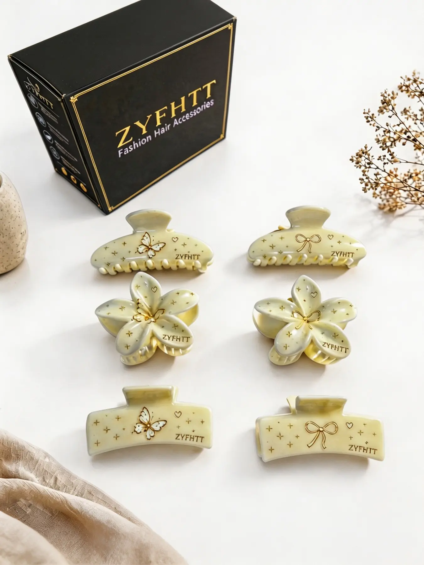 6-Piece Gift Set Zyfhtt Luxury Floral Bow Hair Clips, Elegant Women's Design, Simple Fashion Shark Clip Style, Perfect for Everyday Use