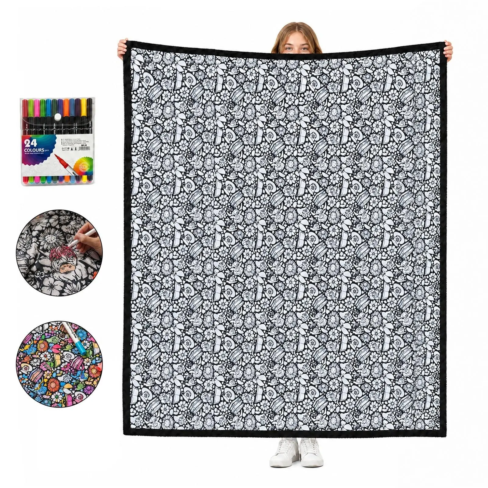 DIY Coloring Blanket Kit with 24 Washable Markers, Reusable Doodle Throw, Soft Plush Backing, 47.6 X 56.7 In, Creative Gift for Teens and Adults