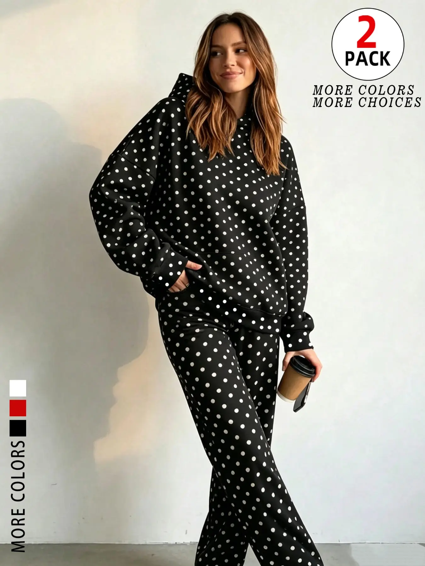 Women Polka Dot Fleece Lined 2 Piece Tracksuit Oversized Baggy Casual Long Sleeve Hoodie Wide Leg Sweatpants Y2K Grunge Loungewear with Pocket Warm Thermal Matching Suit for Girls Ladies Daily Campus Skate Winter Viral TikTok Trendy Multi Colors