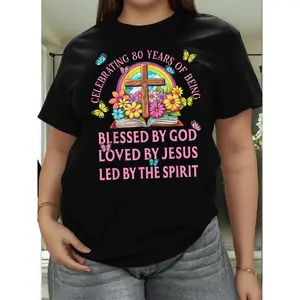 Blessed By God For 80 Years Rainbow And Cross Birthday Funny Awesome Graphic Plus size T-Shirt Popular Plus size T Shirts Street Style Tops Tees for Womens
