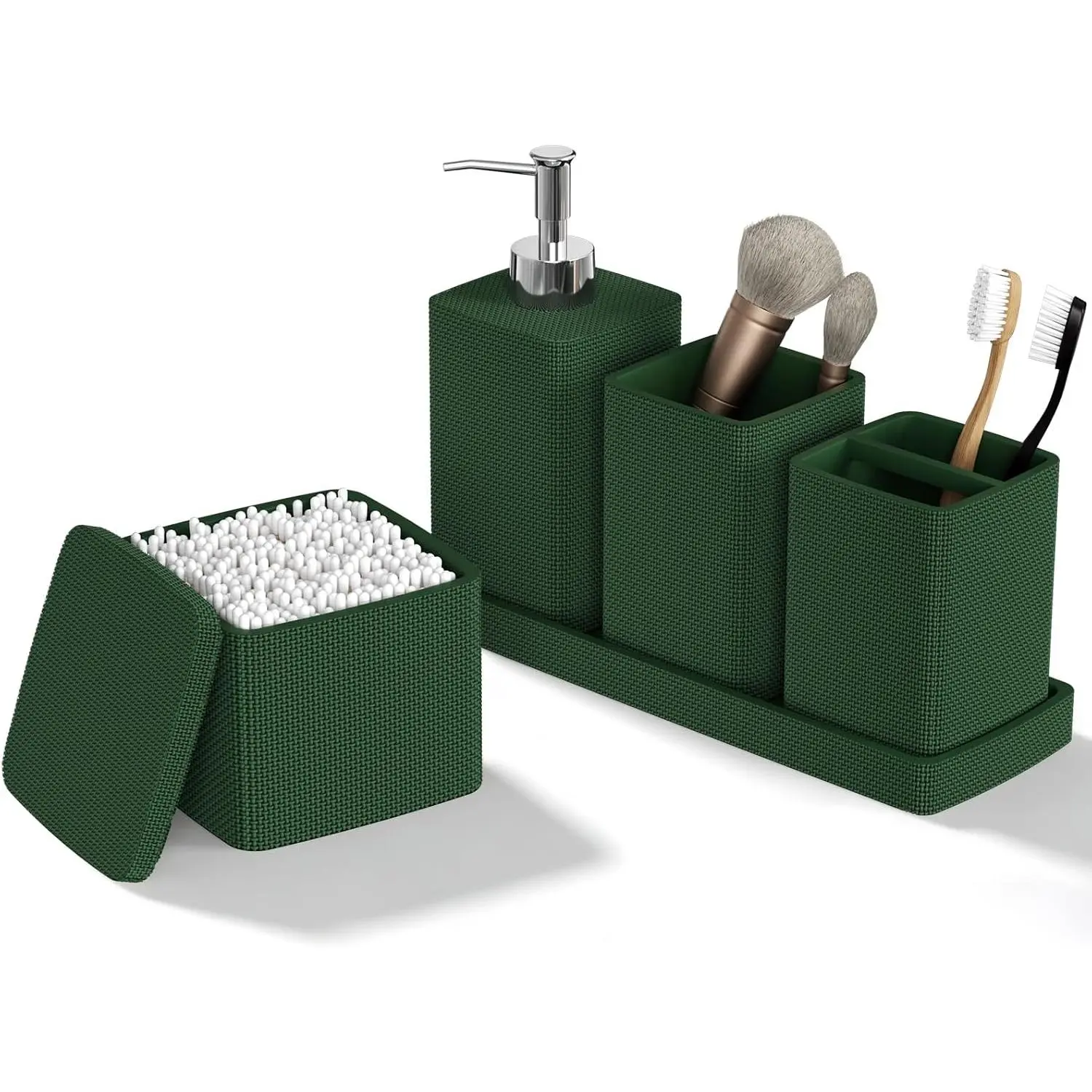Dark Green Bathroom Accessories Set 5 count,   Holders Set Complete with Soap Dispenser,  Holder,  Tray, Bathroom Tumbler and Qtip Holder for Small Spaces