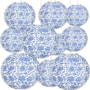 12 Inches Chinoiserie Paper Lantern  10 count Blue and White Porcelain Print Lantern Chinese Round  Lanten for Birthday Wedding Party Ceilding Indoor Outdoor  Decor