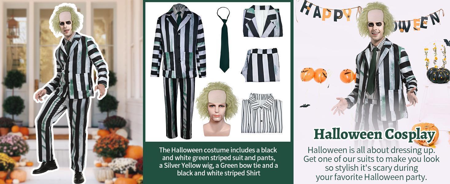 Adult Men Costume Black and White Striped Suit with Wig for Halloween Cosplay Party Outfit Horror Movie Character