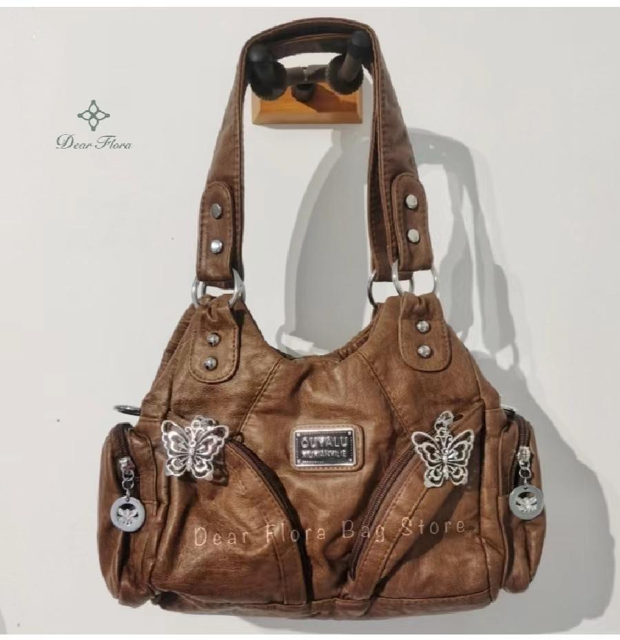 Women's Y2K Vintage Motorcycle Shoulder Bag Fashion Soft PU Chains Multiple Pockets Tote Bags Moto Style Messenger Crossbody Bag