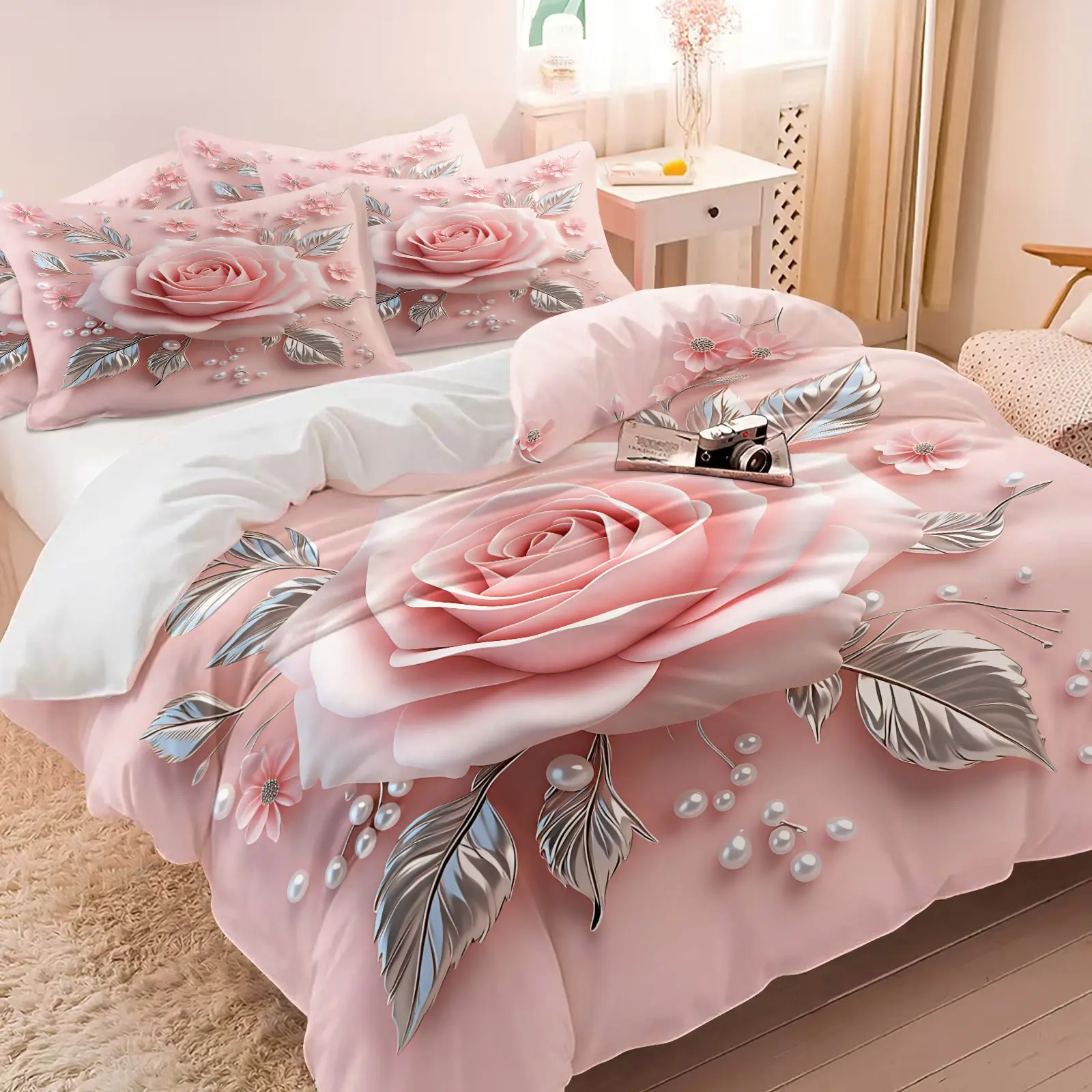 Luxury Stereo Pink Rose Floral Duvet Cover Set, Solid Pastel Pink Delicate Home Textile, Soft, Comfortable & Breathable comfy bedding set, 1 Duvet Cover and 1-2 Coreless Pillowcases, Gentle Dreamy Flower Bed Linens for All Bedroom, Soft Bedding Sets