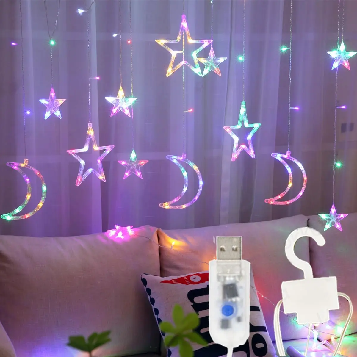 12 count Moon  138 LEDs Curtain Light, with Remote Control 8 Light Mode Timing USB ,Fairy Lights Curtain  for Ramadan Eid  Decorations (Multi-Colored)