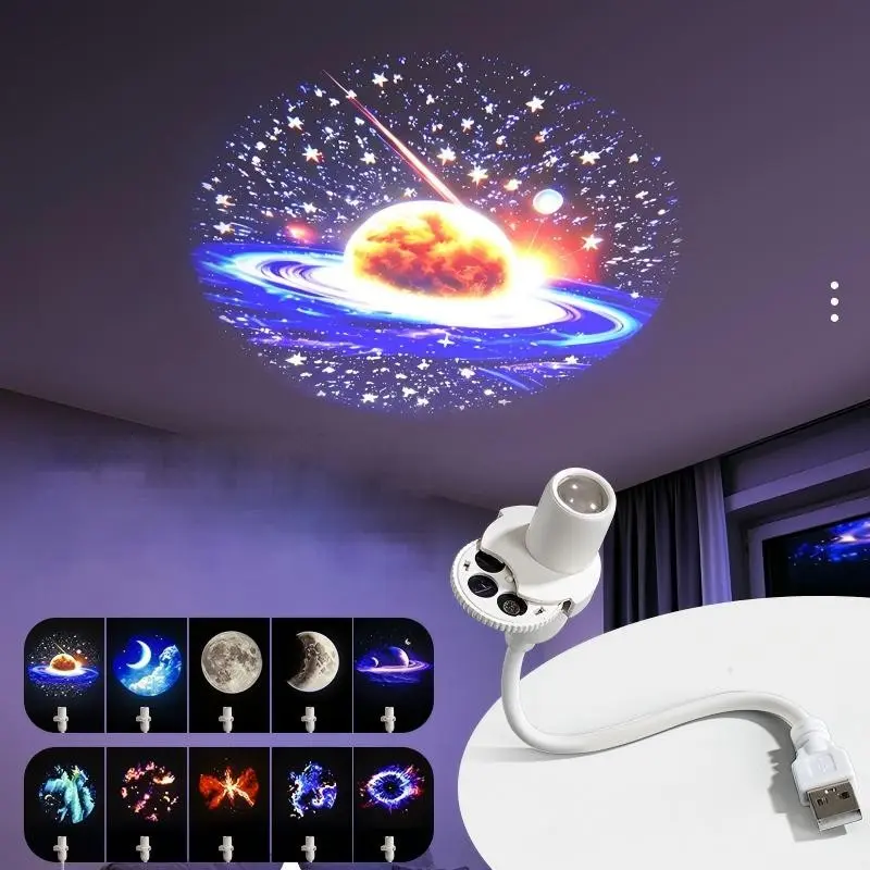LED Starry Galaxy Projector Lamp, USB Night Light, Ambient Night Light, 360° Rotatable, Multiple Galaxies, Moon Earth Mercury Mars Saturn, Gift Idea, Room Decor