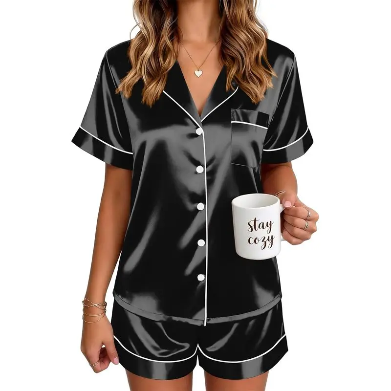 Women’s 2-Piece Satin Pajama Set| Short Sleeve Button-Up Top & Shorts, Silky Sleepwear and Matching Lounge Set for Summer, Travel & Bridal Parties, S-XXL
