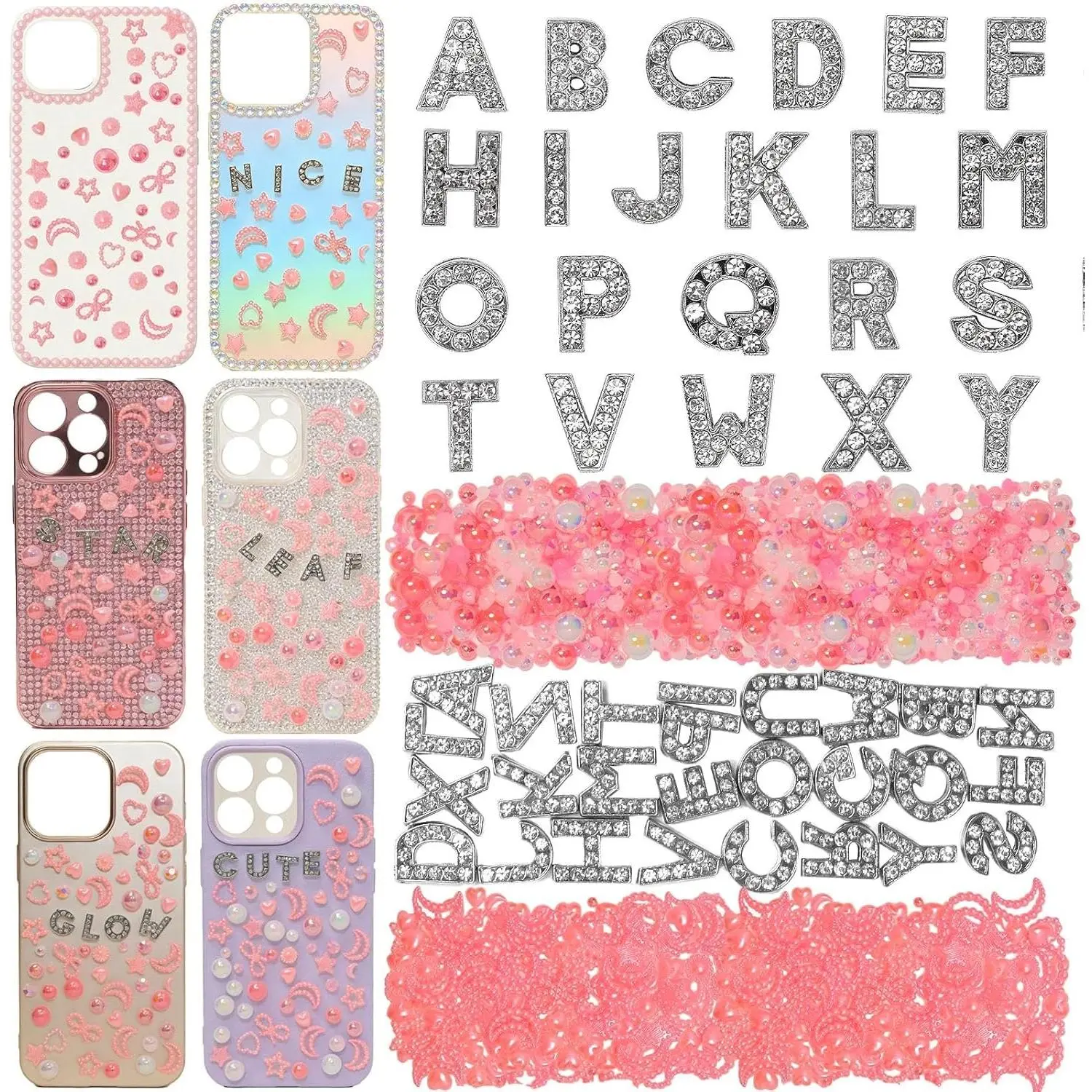 Pink White Mix Pearls and Rhinestones, Junk Case Charms, A-Z Alphabet Letters Junk Case Kit, Phone Cases Charm, Assorted Letter Charms for DIY Necklace Bracelets Jewelry Making Scrapbooking Crafts