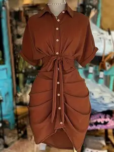 Women's Fashion Tie Neck Waist Cinch Short Sleeve Shirt Dress Casual Dress, Plain Pattern Unlined Ca_prop_65_no Design, Style Code 103373