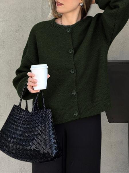 Autumn Winter Women's Casual Knit Cardigan, Elegant Vintage Round Neck Sweater, Simple Lazy Style, Long Sleeve Pullover