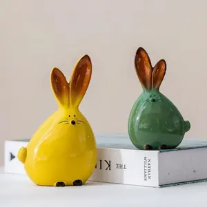 Elegant Ceramic Rabbit Ornament Set (2-Piece) – Multicolored Decorative Collection (Including Rare Pink Tones) – Long-Eared Rabbit Figurines – Home & Office Desktop Decor – Heartwarming Gift