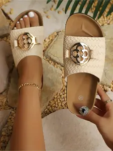 2026 New Women's Geometric Pattern Slippers, PU Leather Rubber Sole, Medium Width, Summer Beach Shoes, Versatile Flat Sandals