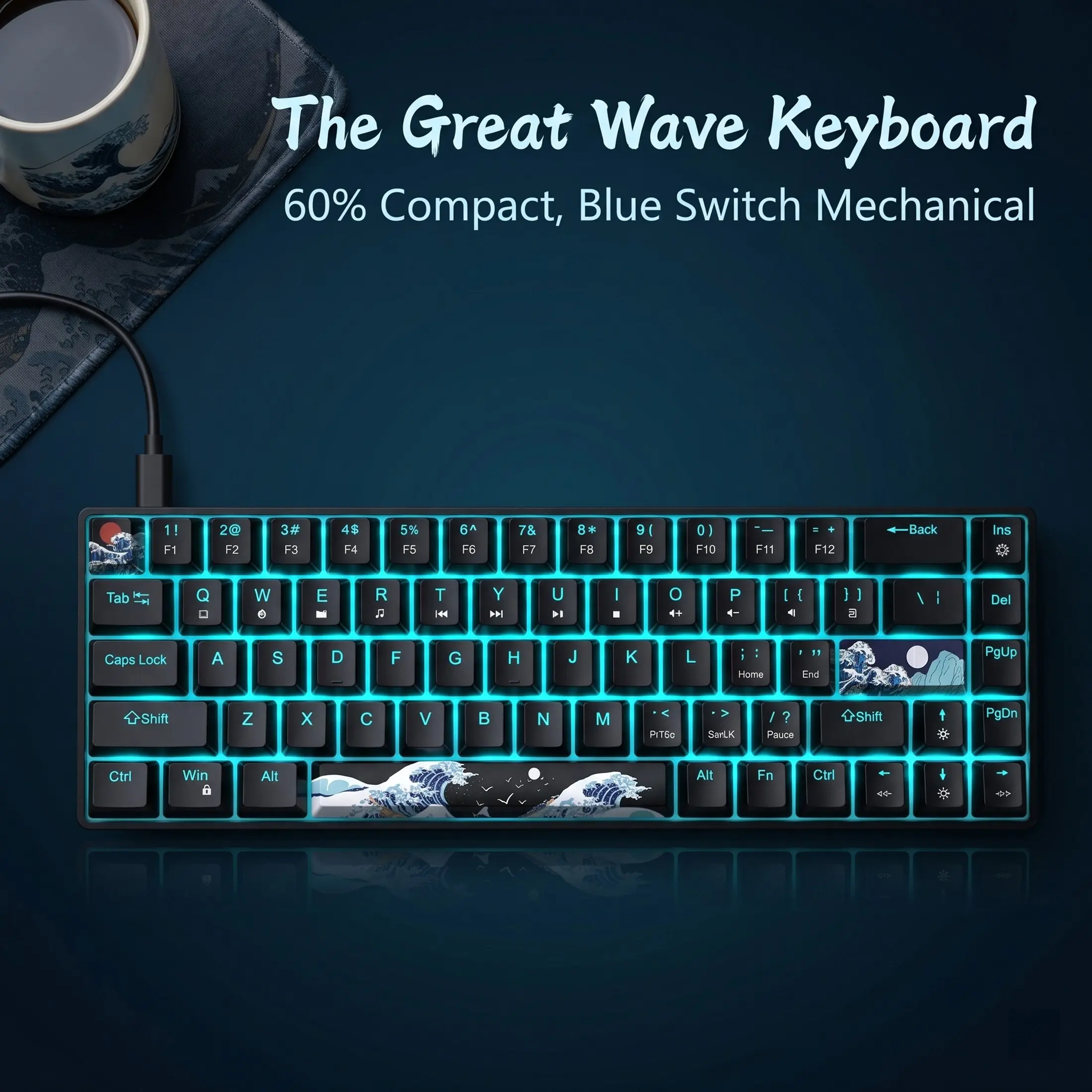 60% Wired Mechanical Gaming Keyboard 68 Keys, Blue Backlit Compact Mini Keyboard, USB Powered Portable Mechanical Keyboard for Windows PC Laptop Mac, Mechanical Game Keyboard