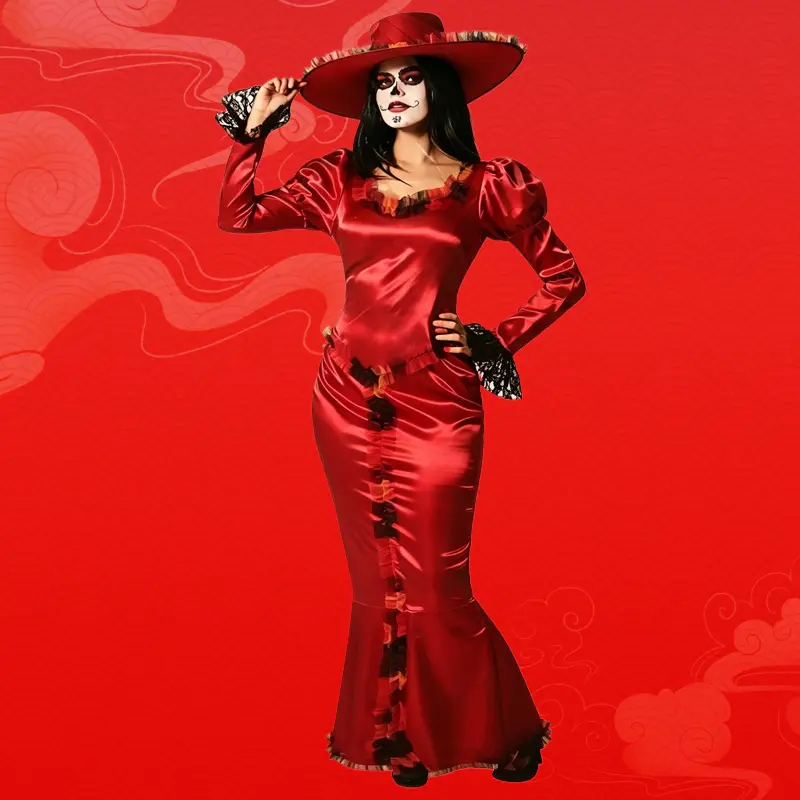Halloween Skull Print Draping Fabric Stage Dress - Moderate Fit Skeleton Bride, Day of the Dead Katrina Witch Cosplay Outfit for Stage Performances