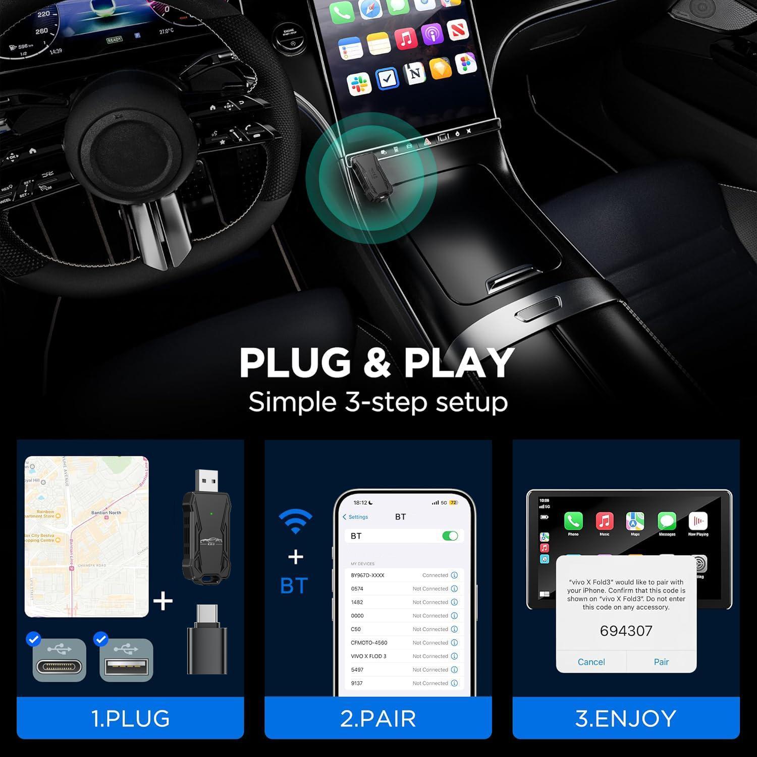 Wireless Car Adapter, Plug & Play Car Wireless Adapter, Compatible with iPhone & Android, Car Electronics Accessories