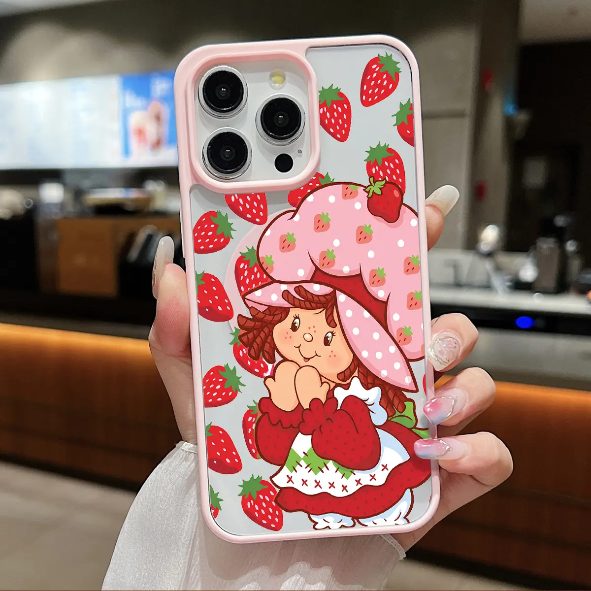 Retro Cute Pink Strawberry Shortcake Pattern Clear Magnetic Phone Case , Compatible with MagSafe Silicone Bumper Protective Cover For iPhone X XS 11 12 13 14 15 16 17 Pro Max Plus Air, Y2K Girly Gift