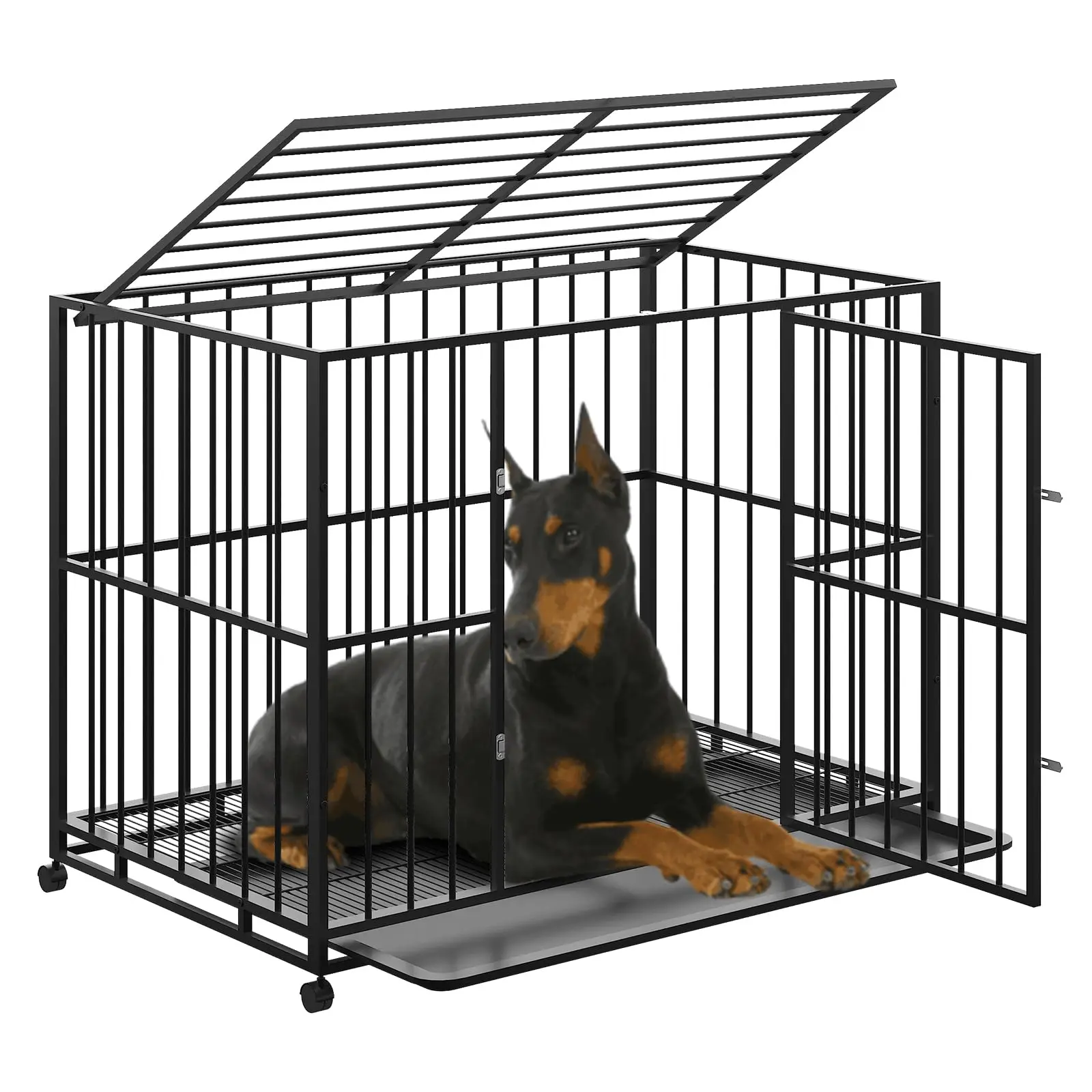 42/48'' Dog Crate for Medium Sized Dogs, Heavy Duty Stainless Steel Dog Kennel Indoor, Escape Proof with Wheels & Removable Tray, Indestructible Stackable Cage for Medium/Small High Anxiety Dogs