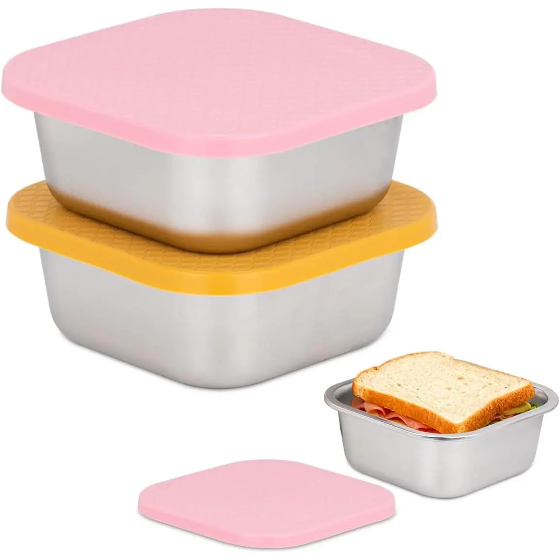 2 Pack Stainless Steel Sandwich Containers & Box,  Storage, /Yellow | 30oz, Sandwich Box, Lunchable, Leakproof,  Lid, Meal Prep, Lunch Containers, , , Salad, Snack, Fruit