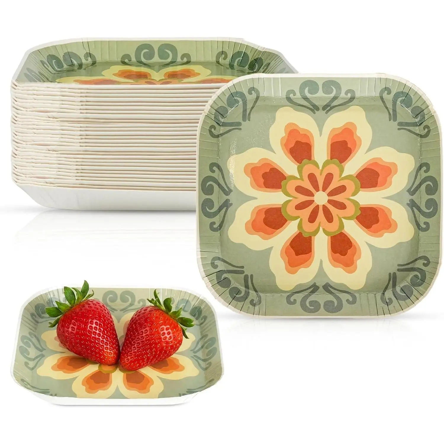 30 count Small Paper Plates, 5 Inch Disposable Dessert Plates, Mini Square Paper Plates Microwave-Safe, Soak-Proof and Printed for Birthday Party and Everyday Meals (Bohemian Yellow)